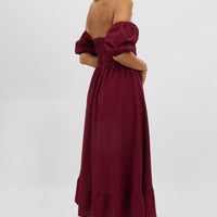 Red Midi Dress Short Sleeve Ruched Bust
