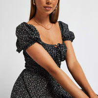 Black Ditsy Midi Dress Short Sleeve Ruched Bust