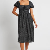 Black Ditsy Midi Dress Short Sleeve Ruched Bust