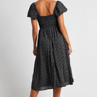 Black Ditsy Midi Dress Short Sleeve Ruched Bust