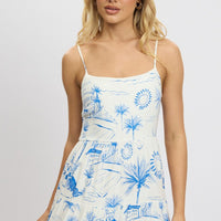 Blue Abstract Maxi Dress Tiered Strappy