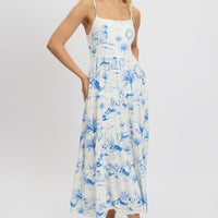 Blue Abstract Maxi Dress Tiered Strappy