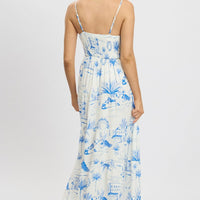 Blue Abstract Maxi Dress Tiered Strappy