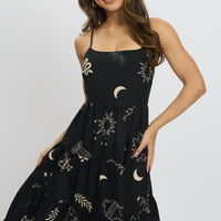 Black Abstract Midi Dress Tiered Strappy