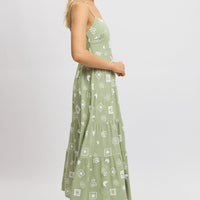 Green Abstract Midi Dress Tiered Strappy