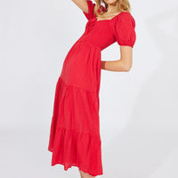 Red Midi Dress Short Sleeve Shirred