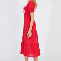 Red Midi Dress Short Sleeve Shirred