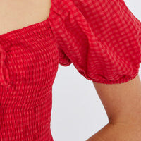 Red Midi Dress Short Sleeve Shirred