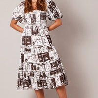 Brown Abstract Midi Dress Puff Sleeve Shirred Bust