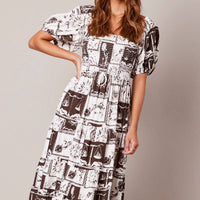 Brown Abstract Midi Dress Puff Sleeve Shirred Bust