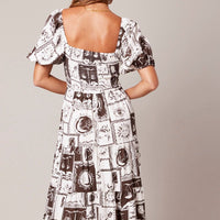 Brown Abstract Midi Dress Puff Sleeve Shirred Bust