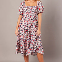 Blue Floral Midi Dress Puff Sleeve Shirred Bust