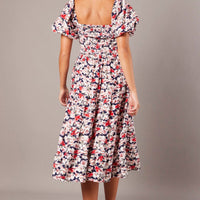 Blue Floral Midi Dress Puff Sleeve Shirred Bust