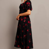 Black Floral Midi Dress Puff Sleeve Midi