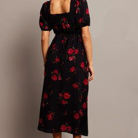 Black Floral Midi Dress Puff Sleeve Midi