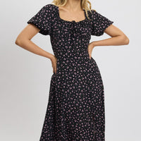 Black Ditsy Midi Dress Short Sleeve Side Split