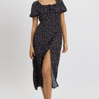 Black Ditsy Midi Dress Short Sleeve Side Split