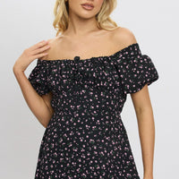 Black Ditsy Midi Dress Short Sleeve Side Split