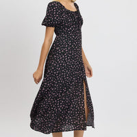 Black Ditsy Midi Dress Short Sleeve Side Split