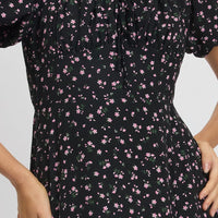 Black Ditsy Midi Dress Short Sleeve Side Split