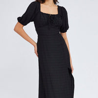 Black Midi Dress Short Sleeve Ruched Bust
