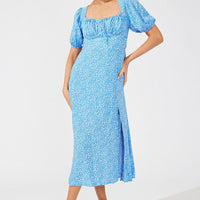 Blue Floral Midi Dress Puff Sleeve Midi