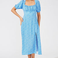 Blue Floral Midi Dress Puff Sleeve Midi