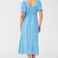 Blue Floral Midi Dress Puff Sleeve Midi