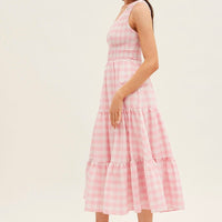 Pink Check Midi Dress One Shoulder Shirred Body