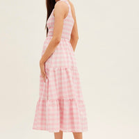 Pink Check Midi Dress One Shoulder Shirred Body