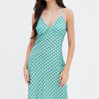 Green Geo Midi Dress V-Neck Sleeveless