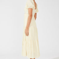 Beige Midi Dress Puff Sleeve Ruch Front