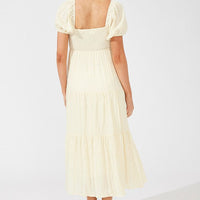 Beige Midi Dress Puff Sleeve Ruch Front