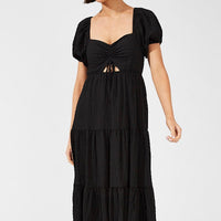 Black Midi Dress Puff Sleeve Ruch Front
