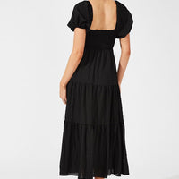 Black Midi Dress Puff Sleeve Ruch Front