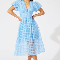 Blue Midi Dress Puff Sleeve V-Neck