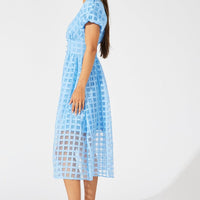 Blue Midi Dress Puff Sleeve V-Neck