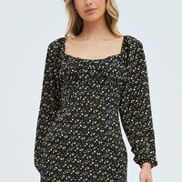 Black Floral Midi Dress Long Sleeve Gathering Bust