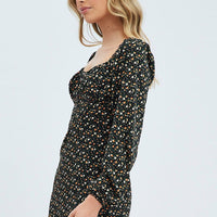 Black Floral Midi Dress Long Sleeve Gathering Bust