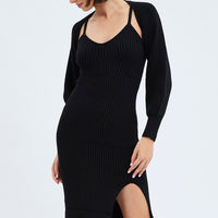 Black Knit Midi Dress And Shrug Set