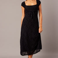 Black Midi Dress Puff Sleeve Burn Out