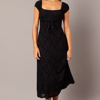 Black Midi Dress Puff Sleeve Burn Out