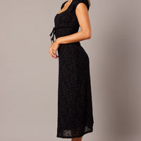 Black Midi Dress Puff Sleeve Burn Out