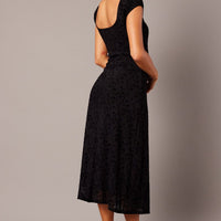 Black Midi Dress Puff Sleeve Burn Out