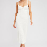 White Midi Dress Gathered Bust Eyelet Fabric