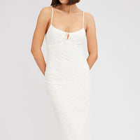 White Midi Dress Gathered Bust Eyelet Fabric