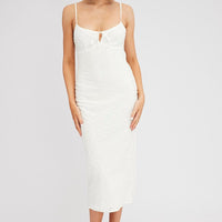 White Midi Dress Gathered Bust Eyelet Fabric