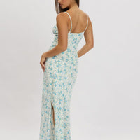 Blue Floral Midi Dress Gathering Bust Sleeveless