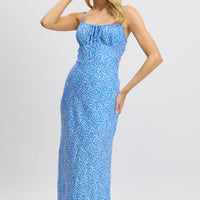 Blue Ditsy Midi Dress Gathering Bust Sleeveless