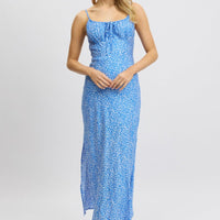 Blue Ditsy Midi Dress Gathering Bust Sleeveless